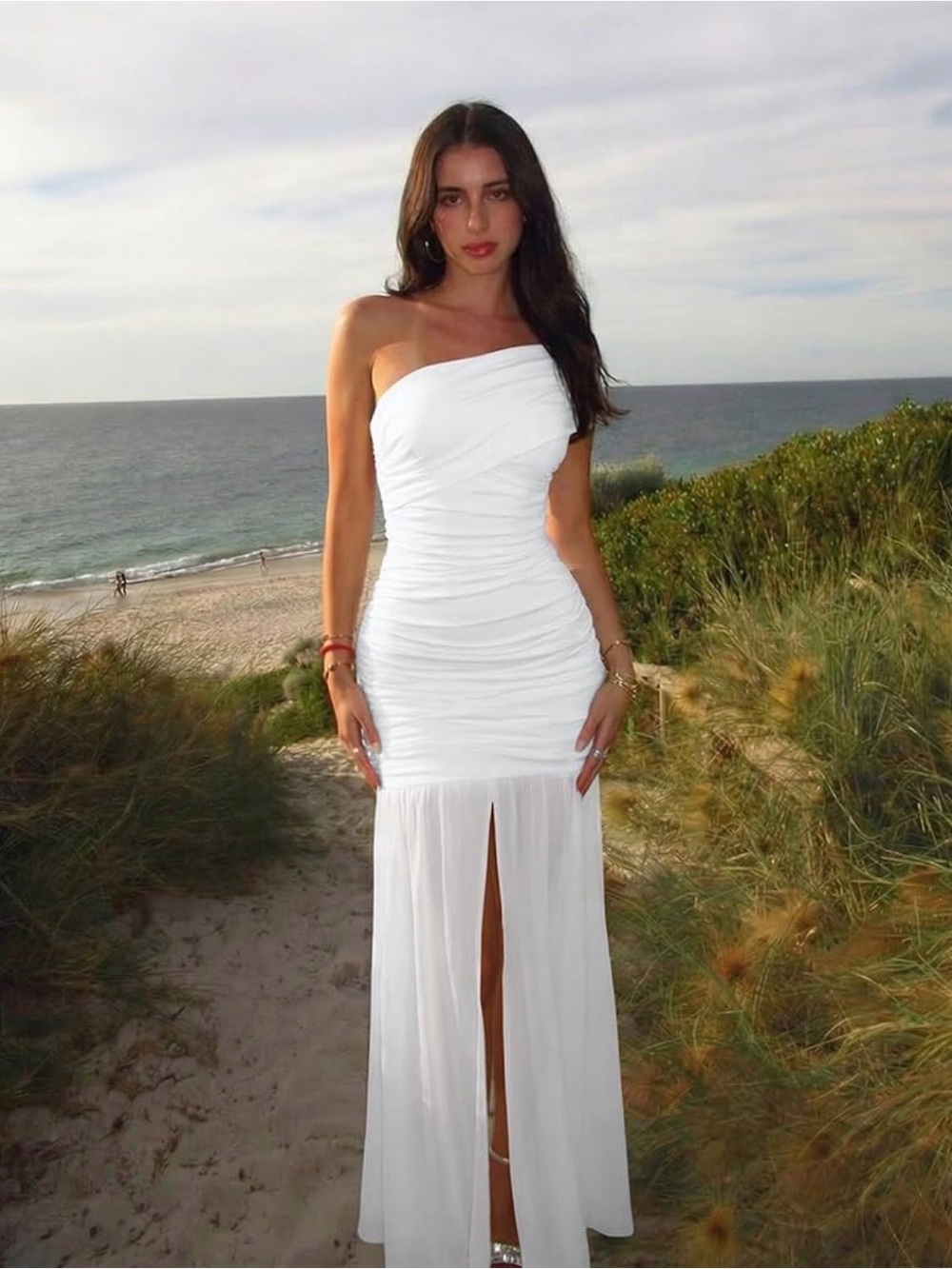 Amazon White One-Shoulder Ruched Maxi Dress with Front Slit